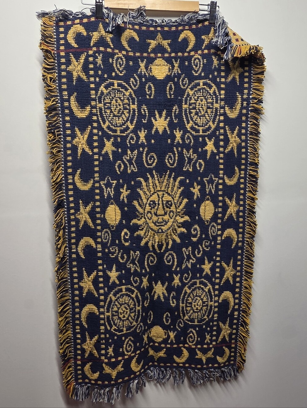 90s Celestial Sun Moon Stars Woven Rug Tapestry Blanket Fringe Reversible